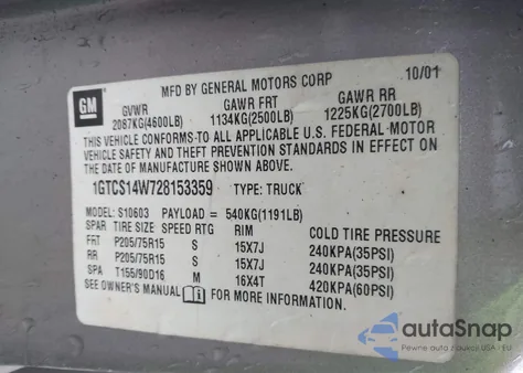 2002 GMC Sonoma Sl z USA, uszkodzony, nr VIN 1GTCS14W728153359